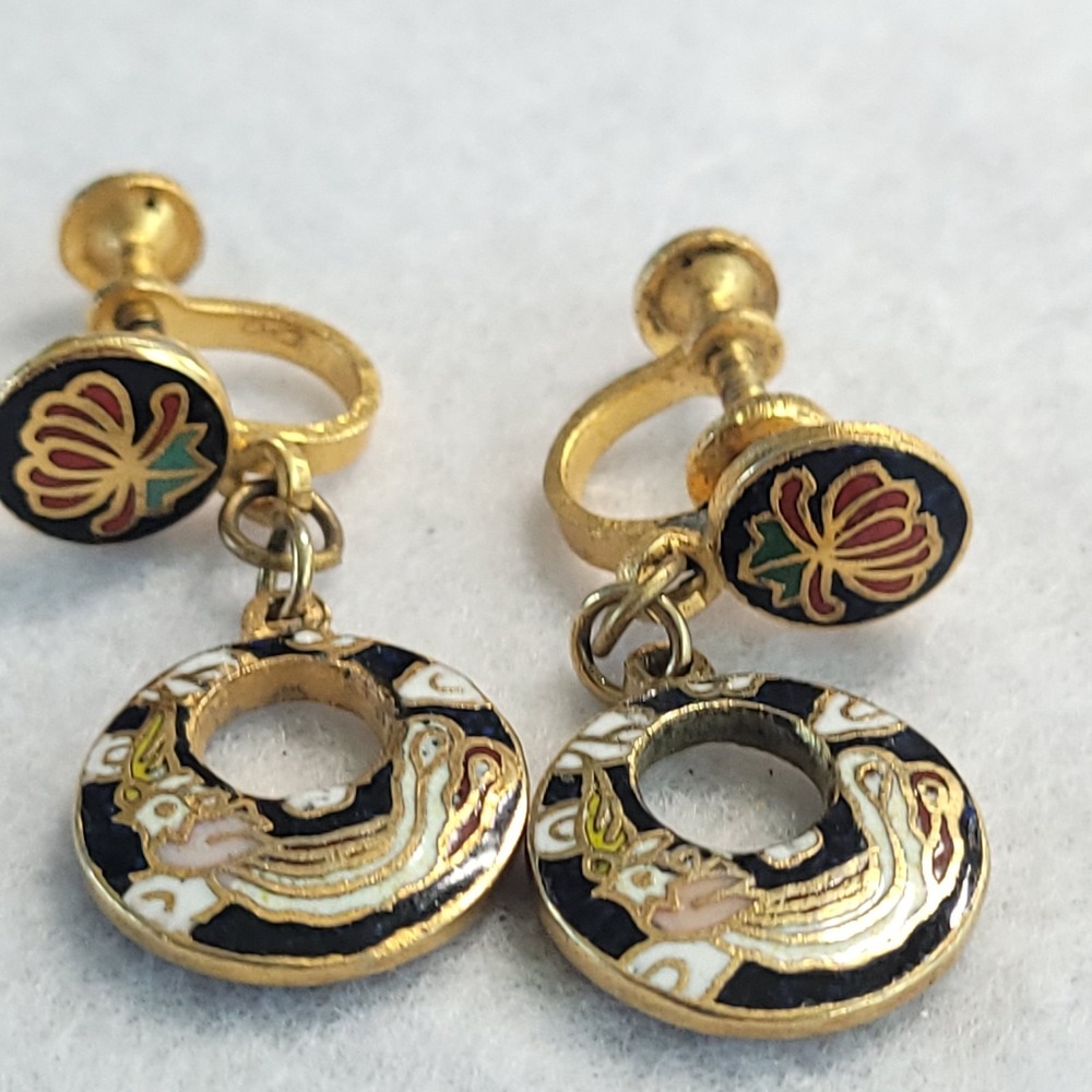 Cloisonne Style Bird Screw Back Earrings Gold Tone Black Enamel Vintage